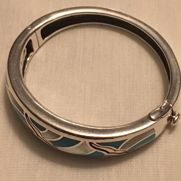 Asch Grossbardt Sterling 18K Gold Bangle Bracelet Turquoise & Mother of Pearl - Picture 4 of 10